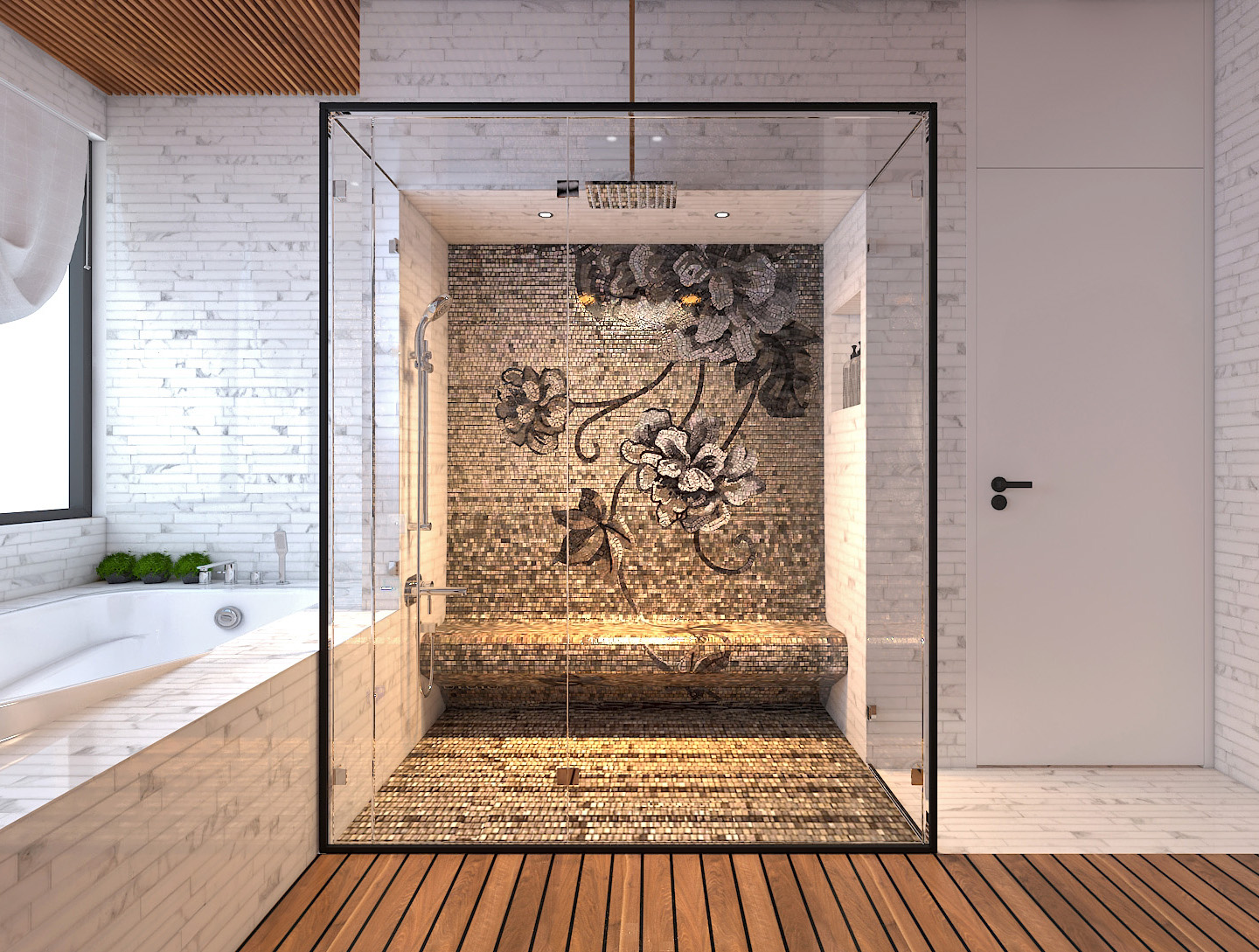 Phòng tắm hơi sử dụng chung trong thiết kế nhà đẹp với vách kính lớn ở buồng sauna.