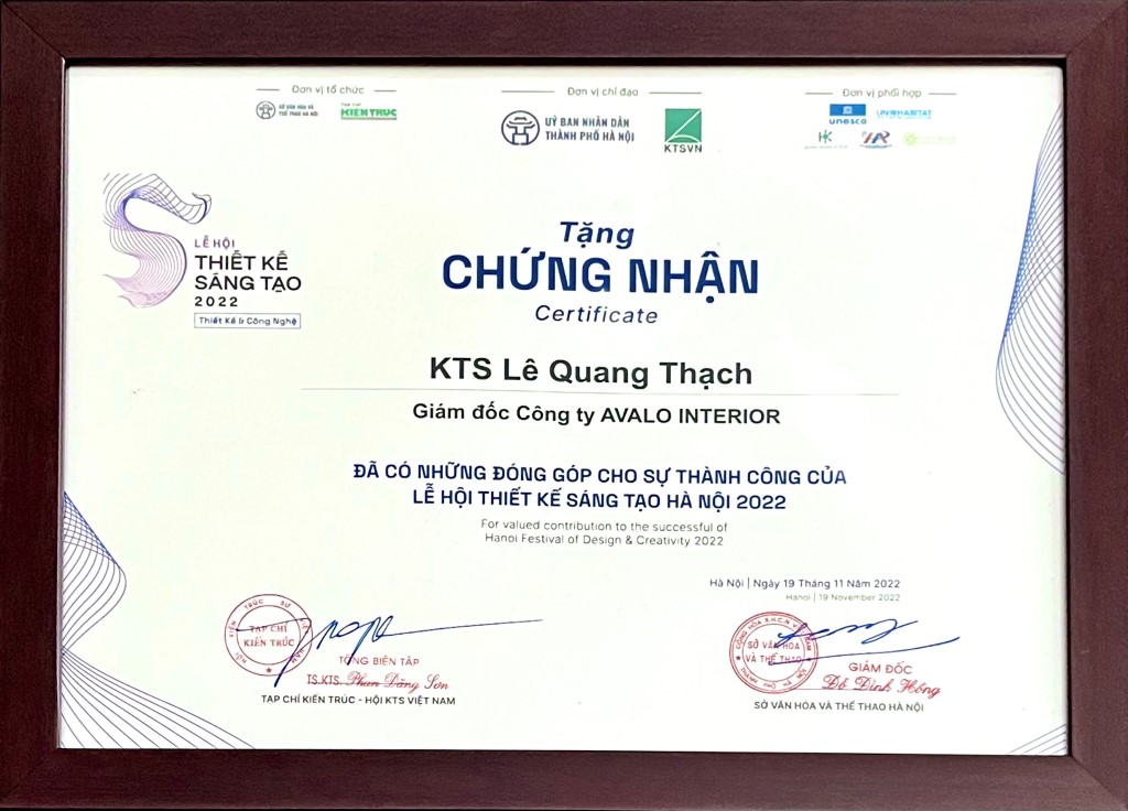 Chứng nhận đóng góp tại Lễ hội thiết kề sáng tạo Hà Nội của KTS Lê Quang Thạch - Công ty nội thất Avalo