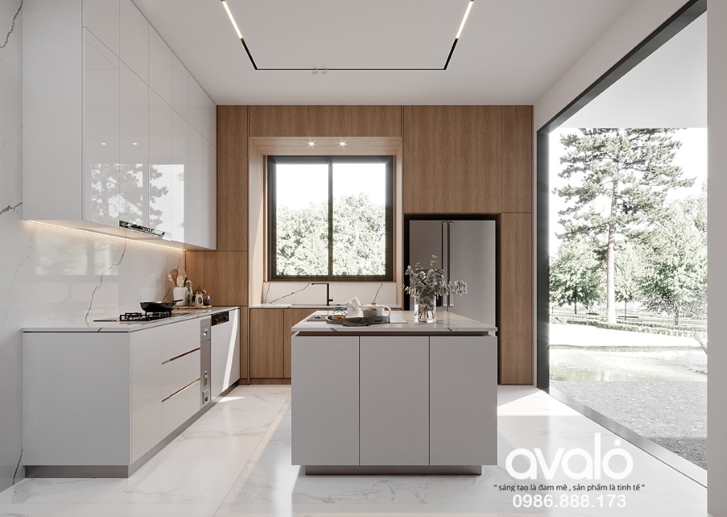 Phòng bếp tông trắng nhã nhặn của thiết kế nội thất biệt thự hiện đại 