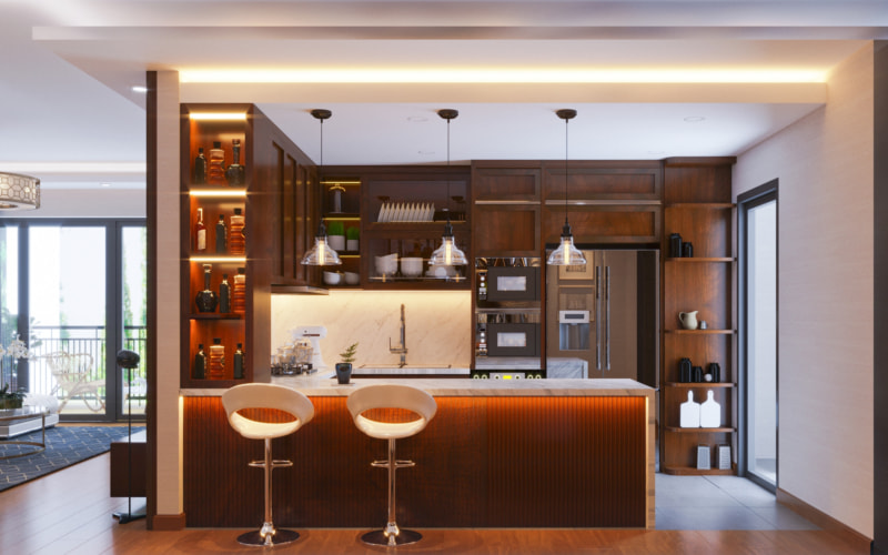 Thiết kế quầy bar mini chung cư phòng bếp 2024